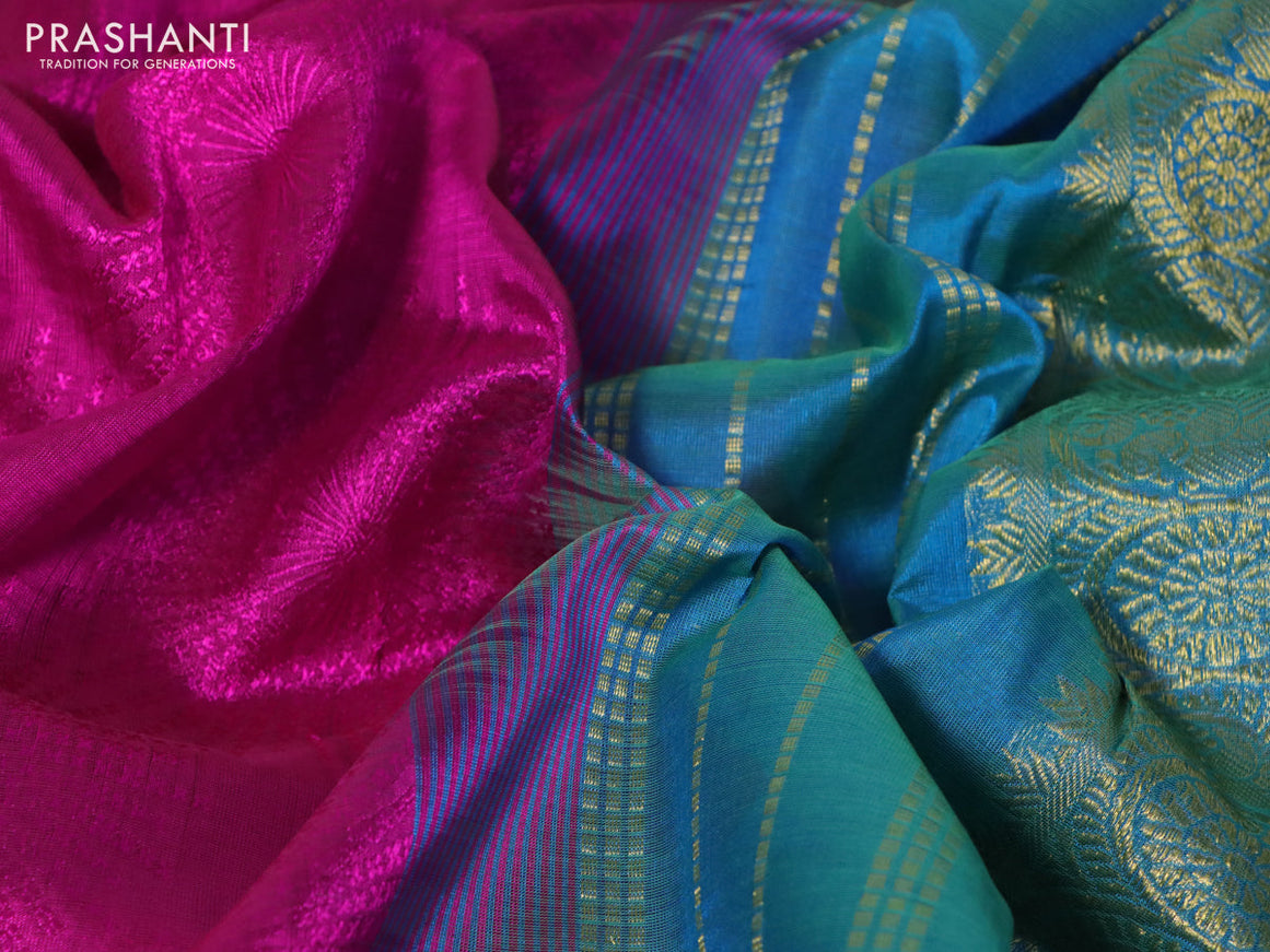 Silk cotton saree pink and dual shade of teal blue with allover self emboss jacquard and zari woven border