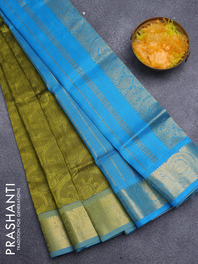 Silk cotton saree mehendi green and light blue with allover self emboss jacquard and zari woven border