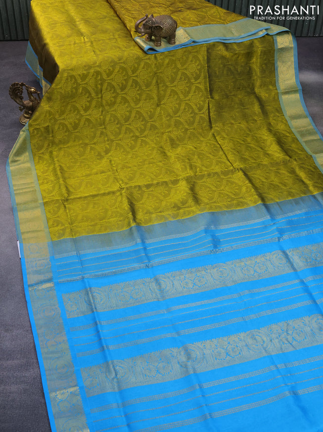 Silk cotton saree mehendi green and light blue with allover self emboss jacquard and zari woven border