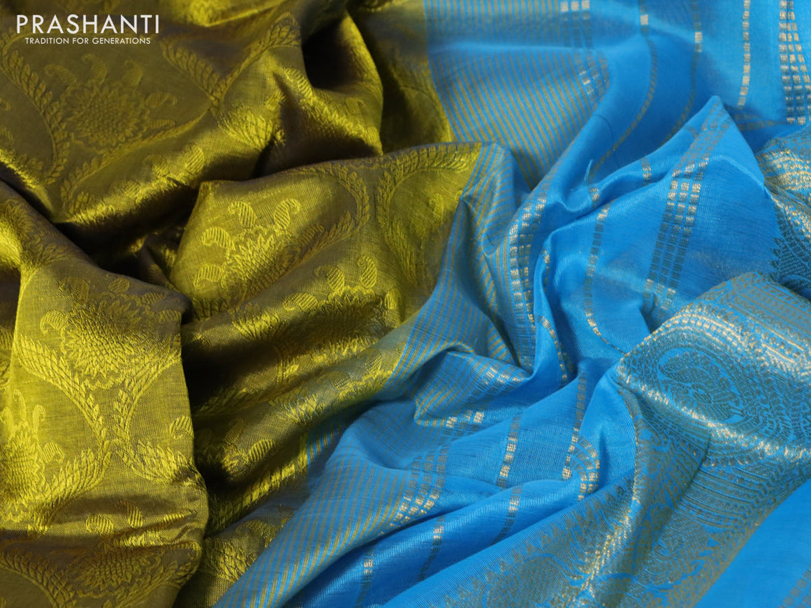 Silk cotton saree mehendi green and light blue with allover self emboss jacquard and zari woven border