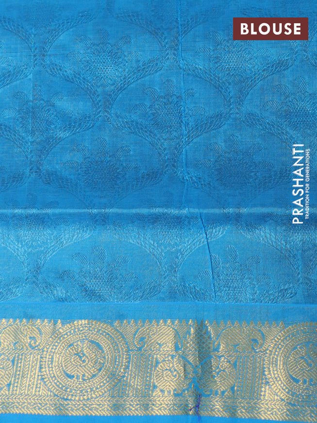 Silk cotton saree mehendi green and light blue with allover self emboss jacquard and zari woven border