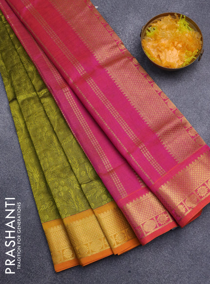 Silk cotton saree mehendi green and dual shade of pinkish orange with allover self emboss jacquard and zari woven border