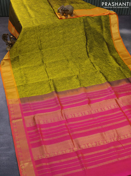 Silk cotton saree mehendi green and dual shade of pinkish orange with allover self emboss jacquard and zari woven border