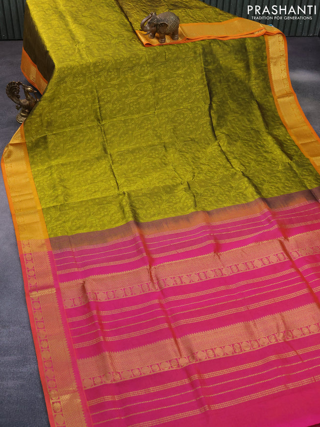 Silk cotton saree mehendi green and dual shade of pinkish orange with allover self emboss jacquard and zari woven border