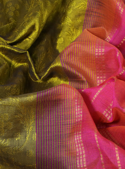 Silk cotton saree mehendi green and dual shade of pinkish orange with allover self emboss jacquard and zari woven border