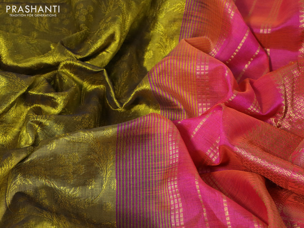 Silk cotton saree mehendi green and dual shade of pinkish orange with allover self emboss jacquard and zari woven border