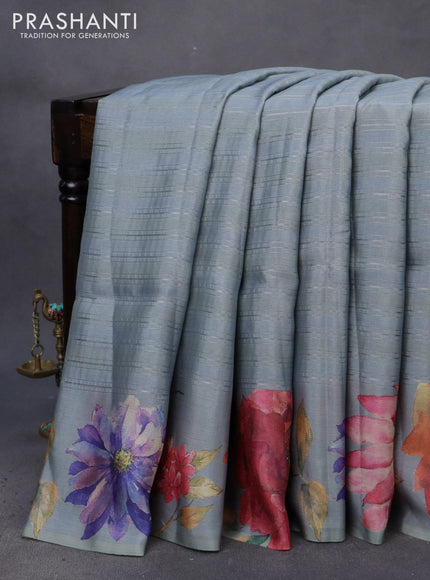 Semi tussar saree grey with allover silver zari strips & floral digital prints and floral digital printed border