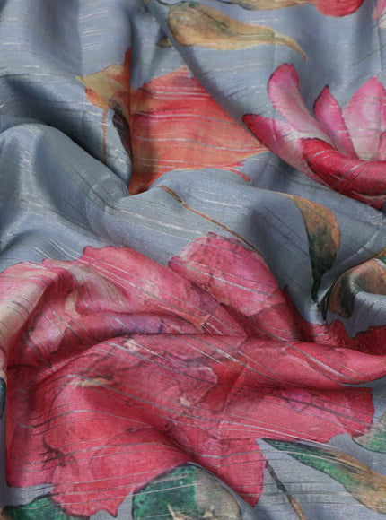 Semi tussar saree grey with allover silver zari strips & floral digital prints and floral digital printed border