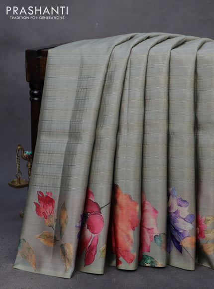 Semi tussar saree grey with allover silver zari strips & floral digital prints and floral digital printed border