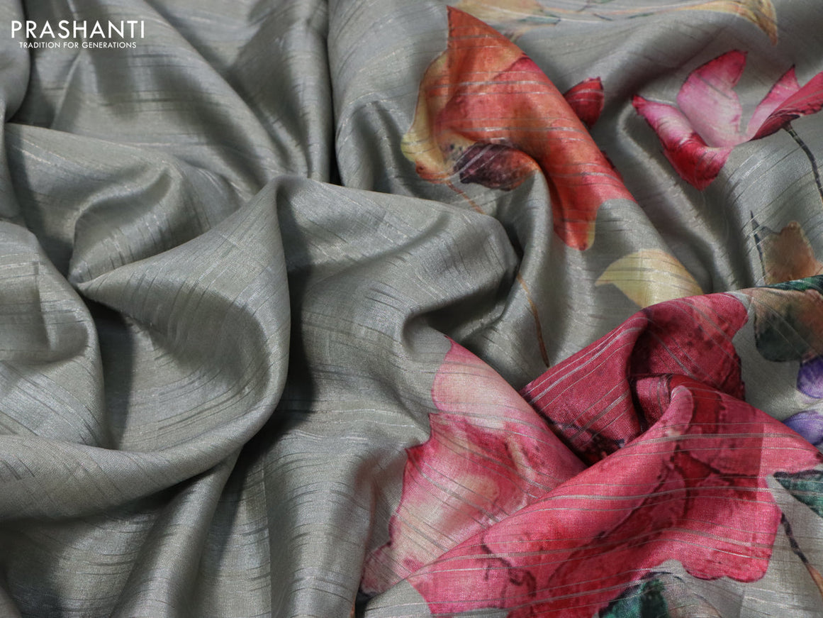 Semi tussar saree grey with allover silver zari strips & floral digital prints and floral digital printed border