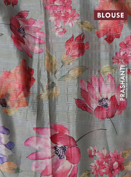 Semi tussar saree grey with allover silver zari strips & floral digital prints and floral digital printed border