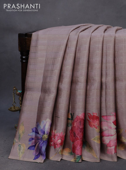 Semi tussar saree pastel brown with allover silver zari strips & floral digital prints and floral digital printed border