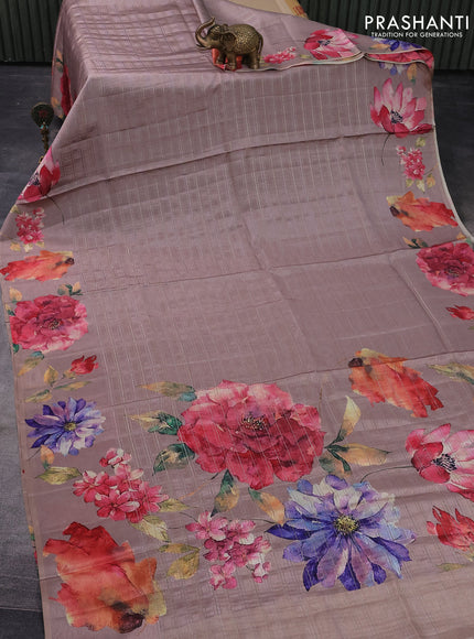 Semi tussar saree pastel brown with allover silver zari strips & floral digital prints and floral digital printed border