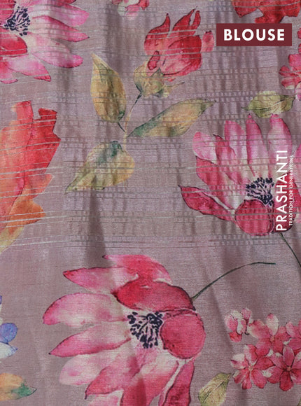 Semi tussar saree pastel brown with allover silver zari strips & floral digital prints and floral digital printed border