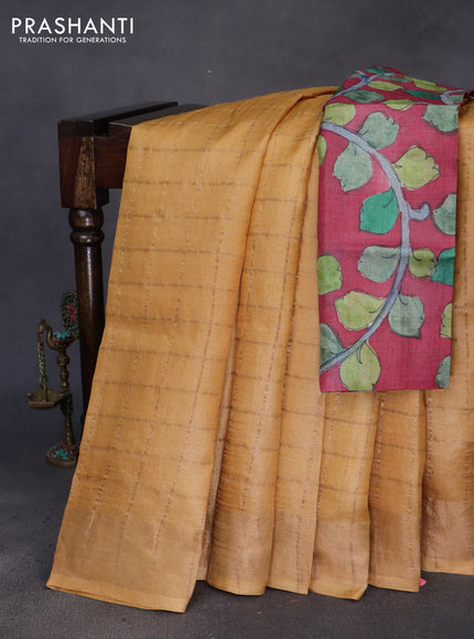 Pure tussar silk saree mustard yellow and maroon with allover zari checks and zari woven border