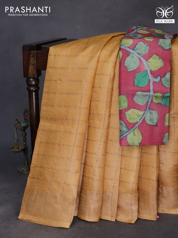 Pure tussar silk saree mustard yellow and maroon with allover zari checks and zari woven border