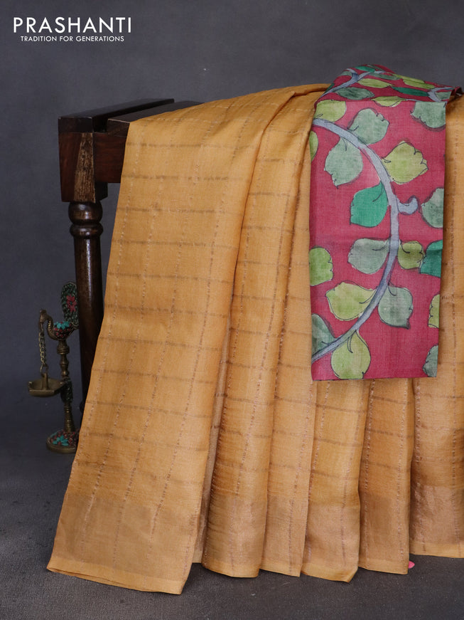 Pure tussar silk saree mustard yellow and maroon with allover zari checks and zari woven border