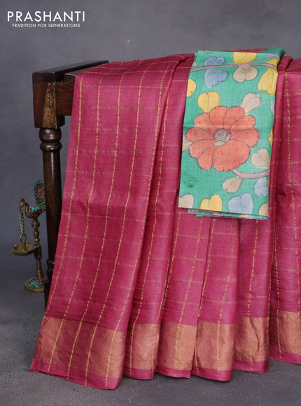 Pure tussar silk saree maroon and green with allover zari checks and zari woven border