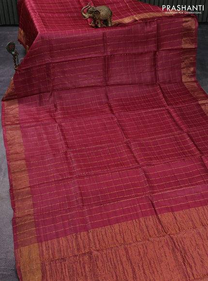 Pure tussar silk saree maroon and green with allover zari checks and zari woven border