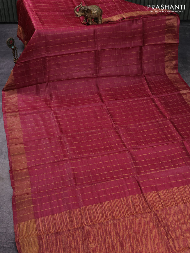 Pure tussar silk saree maroon and green with allover zari checks and zari woven border