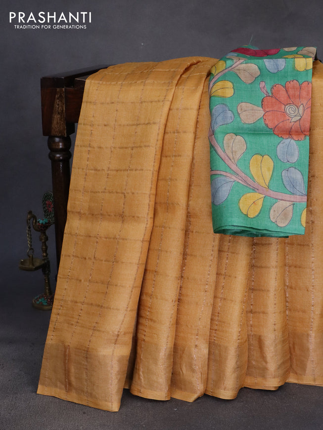 Pure tussar silk saree mustard yellow and green with allover zari checks and zari woven border