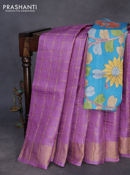 Pure tussar silk saree lavender shade and light blue with allover zari checks and zari woven border