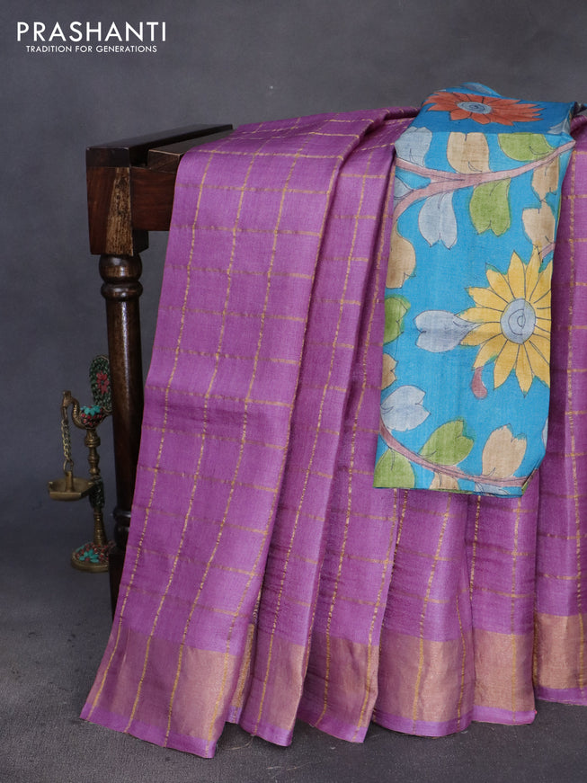 Pure tussar silk saree lavender shade and light blue with allover zari checks and zari woven border