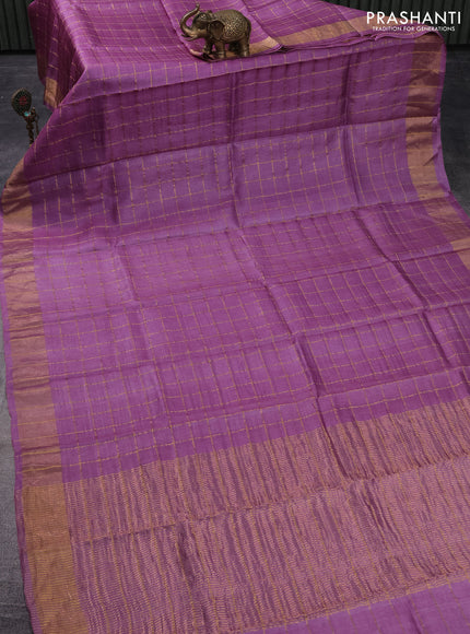 Pure tussar silk saree lavender shade and light blue with allover zari checks and zari woven border