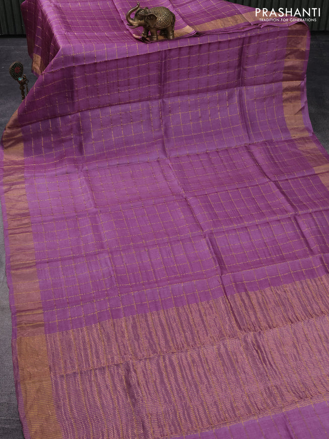 Pure tussar silk saree lavender shade and light blue with allover zari checks and zari woven border