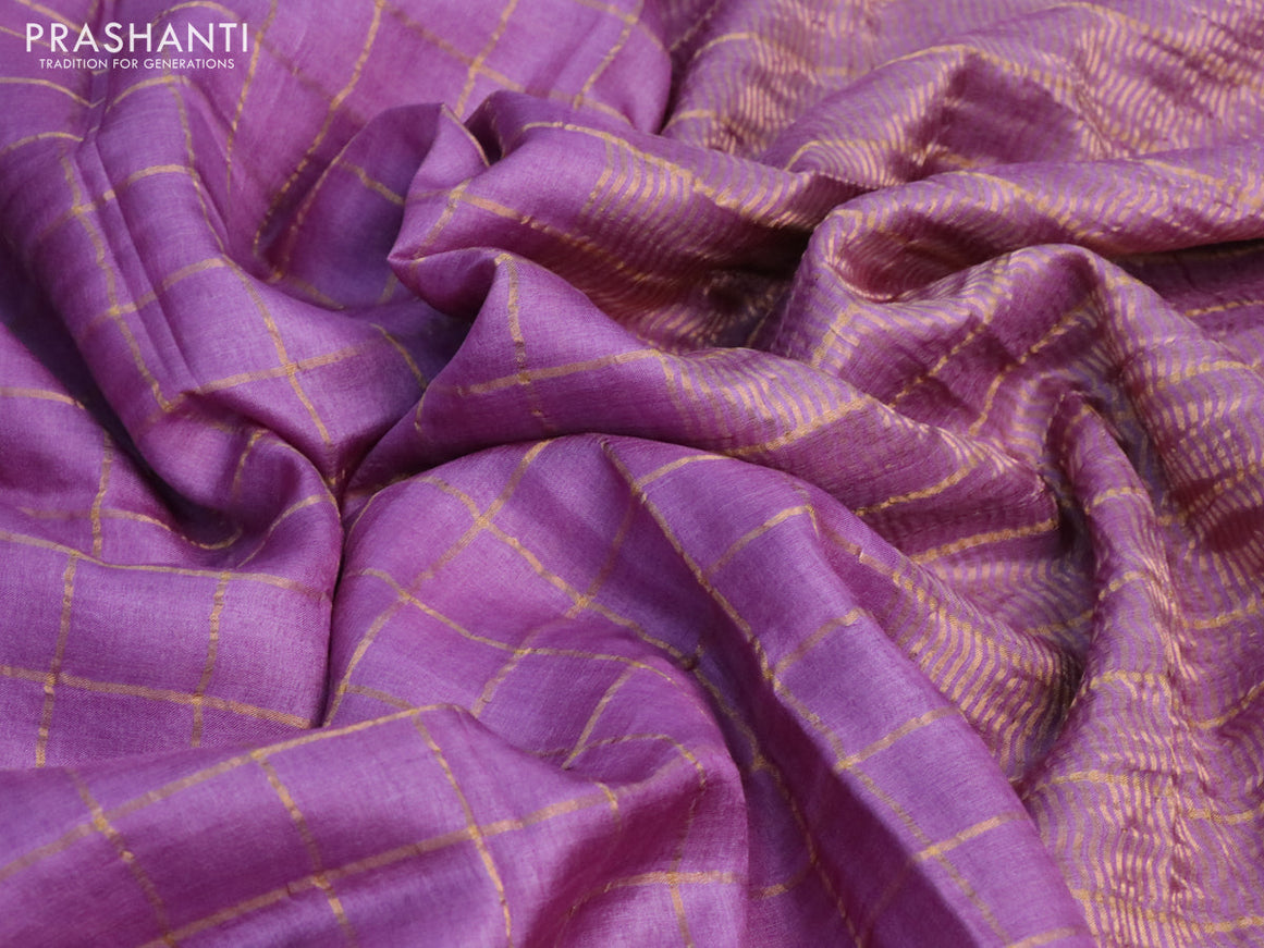 Pure tussar silk saree lavender shade and light blue with allover zari checks and zari woven border