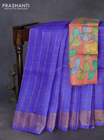 Pure tussar silk saree royal blue and pale orange with allover zari checks and zari woven border