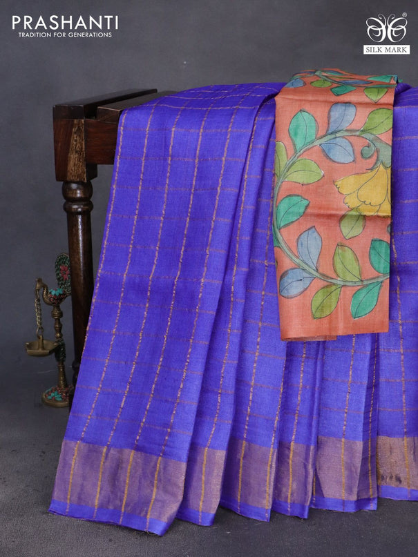 Pure tussar silk saree royal blue and pale orange with allover zari checks and zari woven border