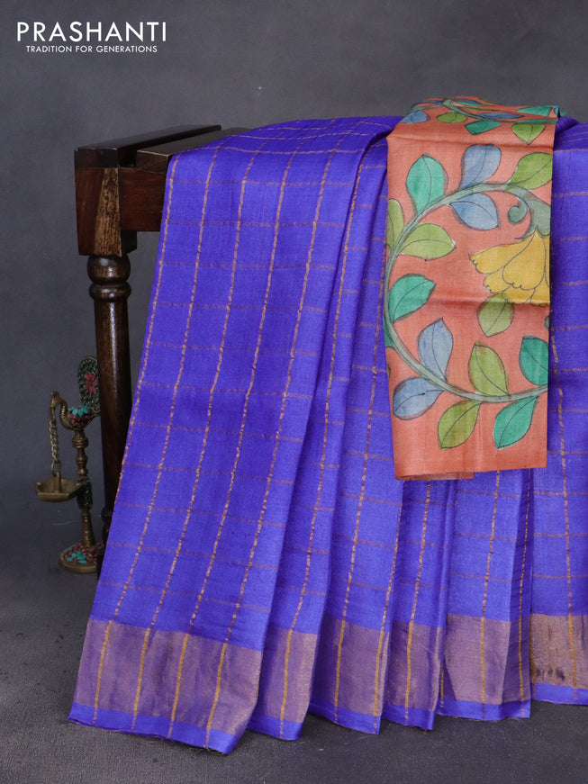 Pure tussar silk saree royal blue and pale orange with allover zari checks and zari woven border