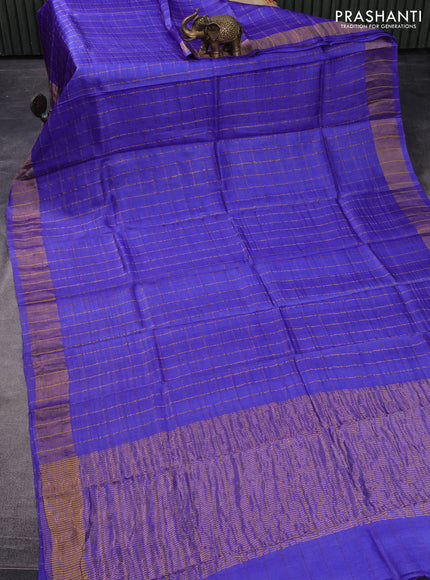 Pure tussar silk saree royal blue and pale orange with allover zari checks and zari woven border