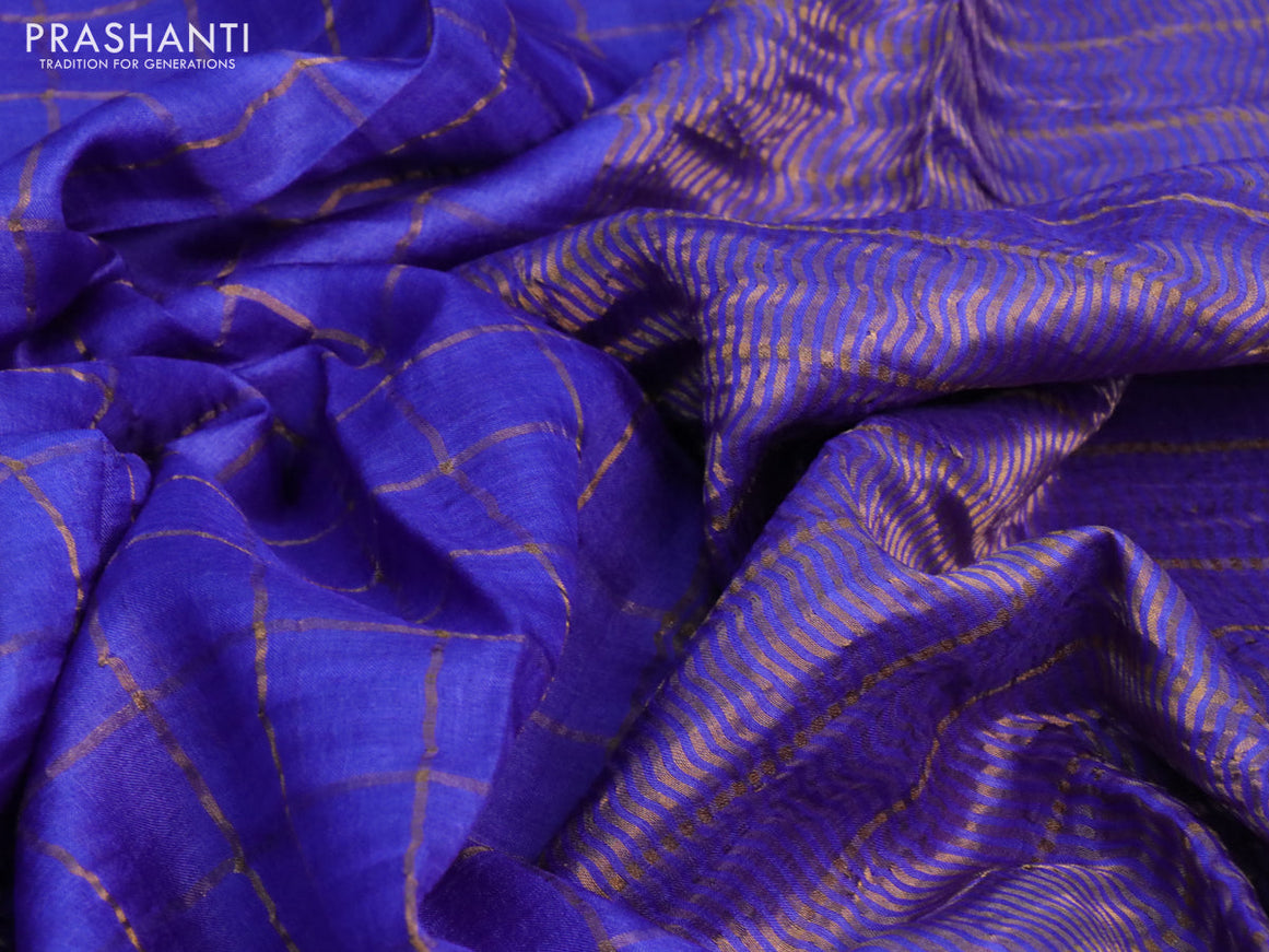 Pure tussar silk saree royal blue and pale orange with allover zari checks and zari woven border