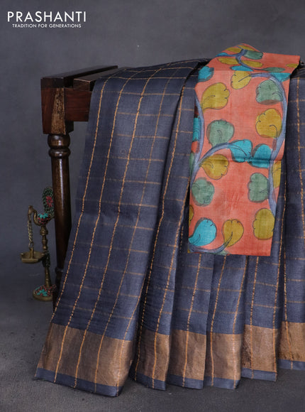 Pure tussar silk saree elephant grey and orange with allover zari checks and zari woven border