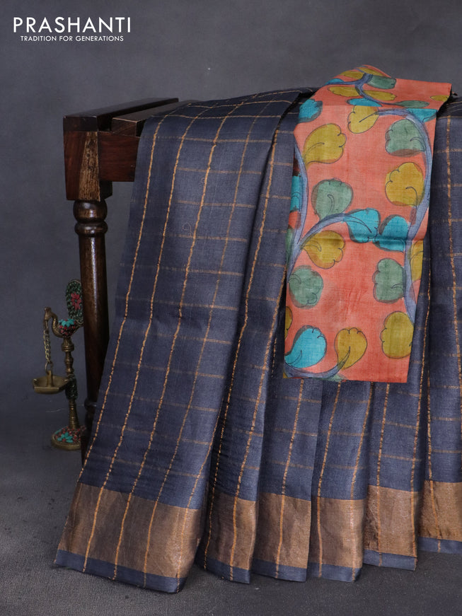 Pure tussar silk saree elephant grey and orange with allover zari checks and zari woven border