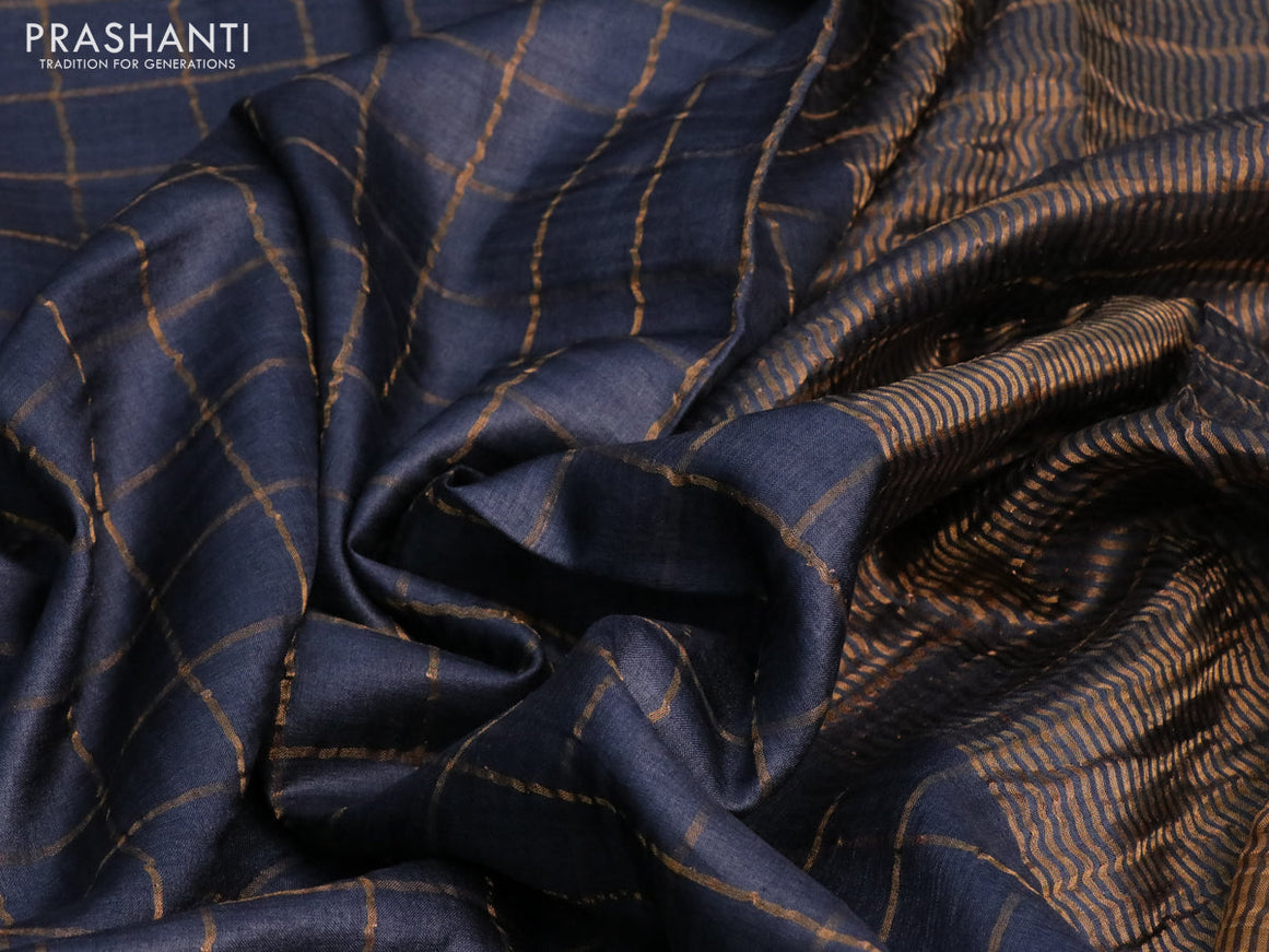 Pure tussar silk saree elephant grey and orange with allover zari checks and zari woven border