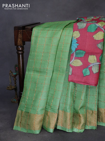 Pure tussar silk saree light green and maroon with allover zari checks and zari woven border