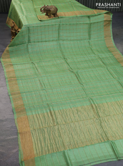 Pure tussar silk saree light green and maroon with allover zari checks and zari woven border