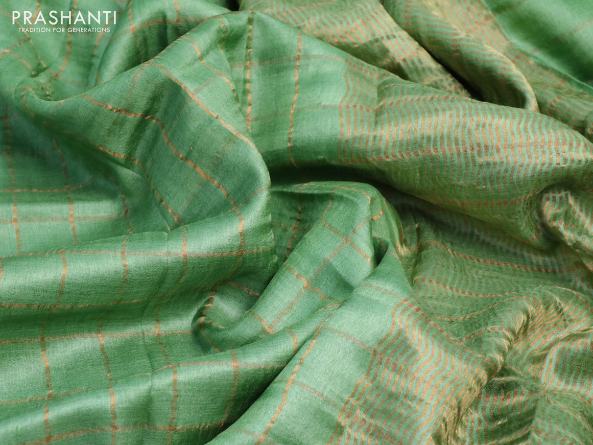 Pure tussar silk saree light green and maroon with allover zari checks and zari woven border