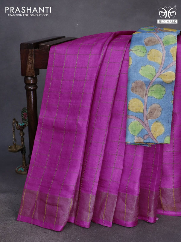 Pure tussar silk saree pink and greyish blue with allover zari checks and zari woven border