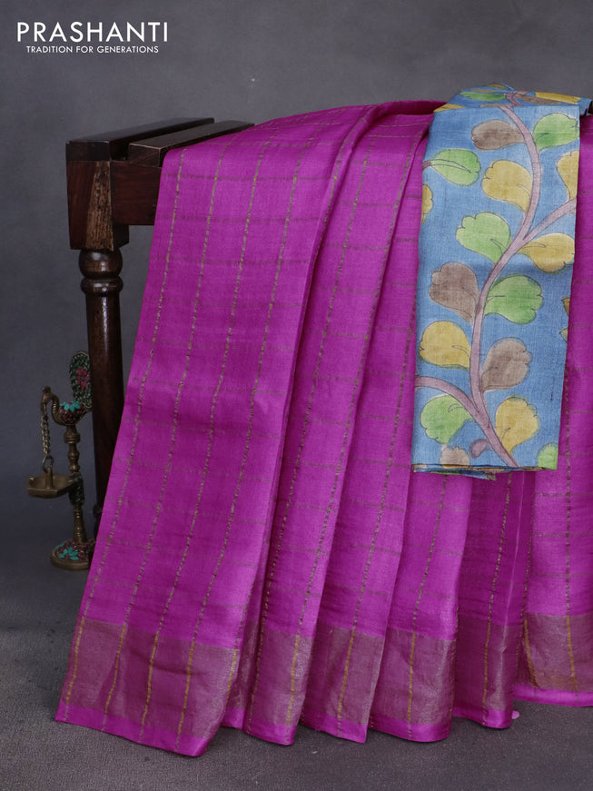 Pure tussar silk saree pink and greyish blue with allover zari checks and zari woven border