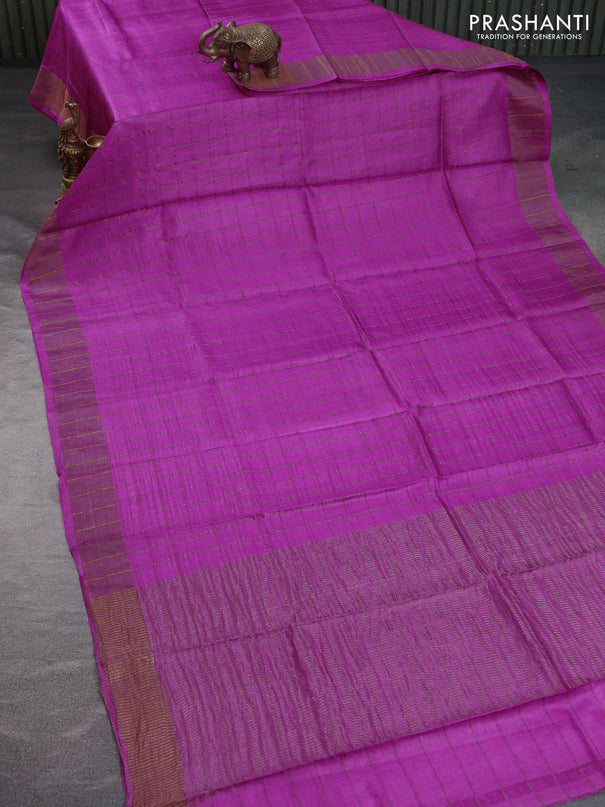 Pure tussar silk saree pink and greyish blue with allover zari checks and zari woven border