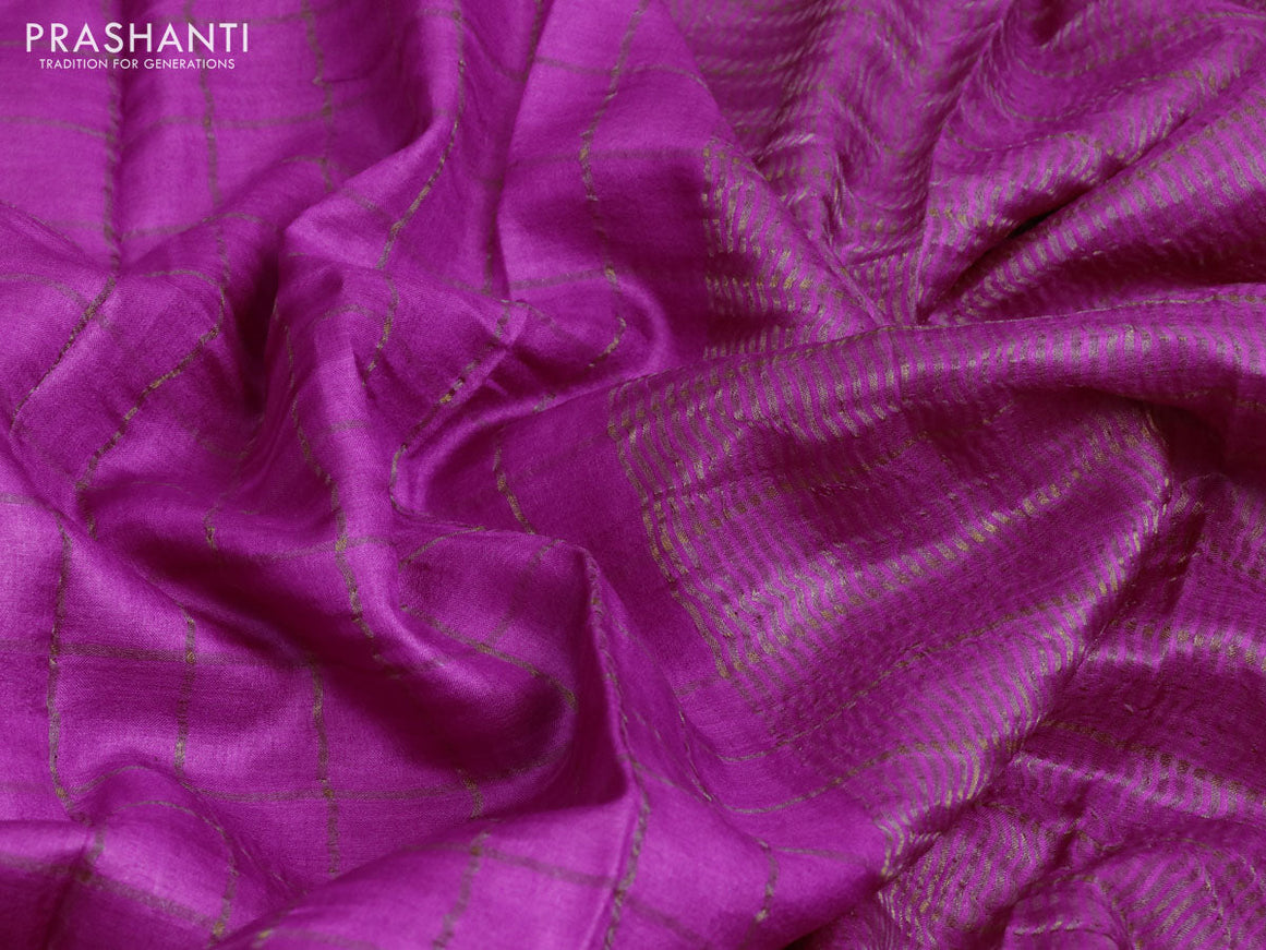 Pure tussar silk saree pink and greyish blue with allover zari checks and zari woven border