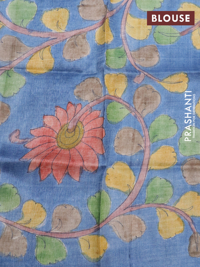 Pure tussar silk saree pink and greyish blue with allover zari checks and zari woven border