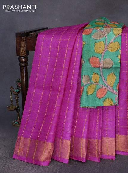 Pure tussar silk saree pink and green with allover zari checks and zari woven border