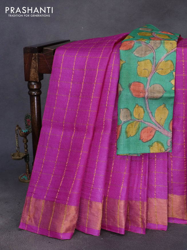 Pure tussar silk saree pink and green with allover zari checks and zari woven border