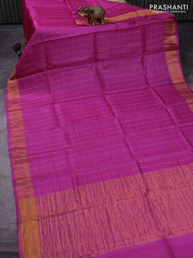 Pure tussar silk saree pink and green with allover zari checks and zari woven border