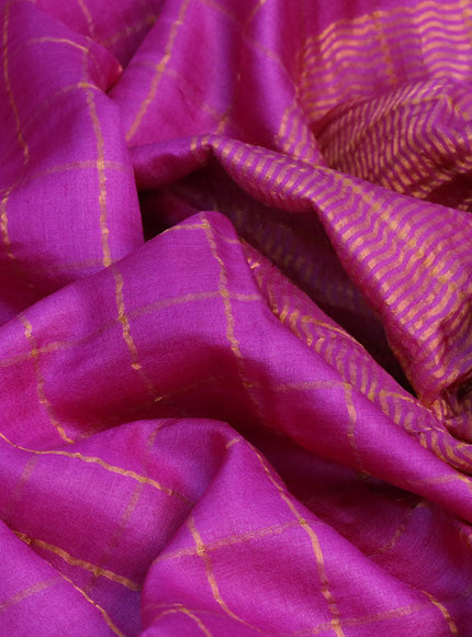 Pure tussar silk saree pink and green with allover zari checks and zari woven border